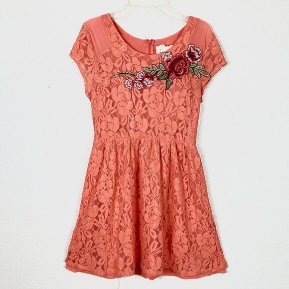 Anthro Orange Floral Embroidered Lace Mini A Line Dress - Picture 5 of 7
